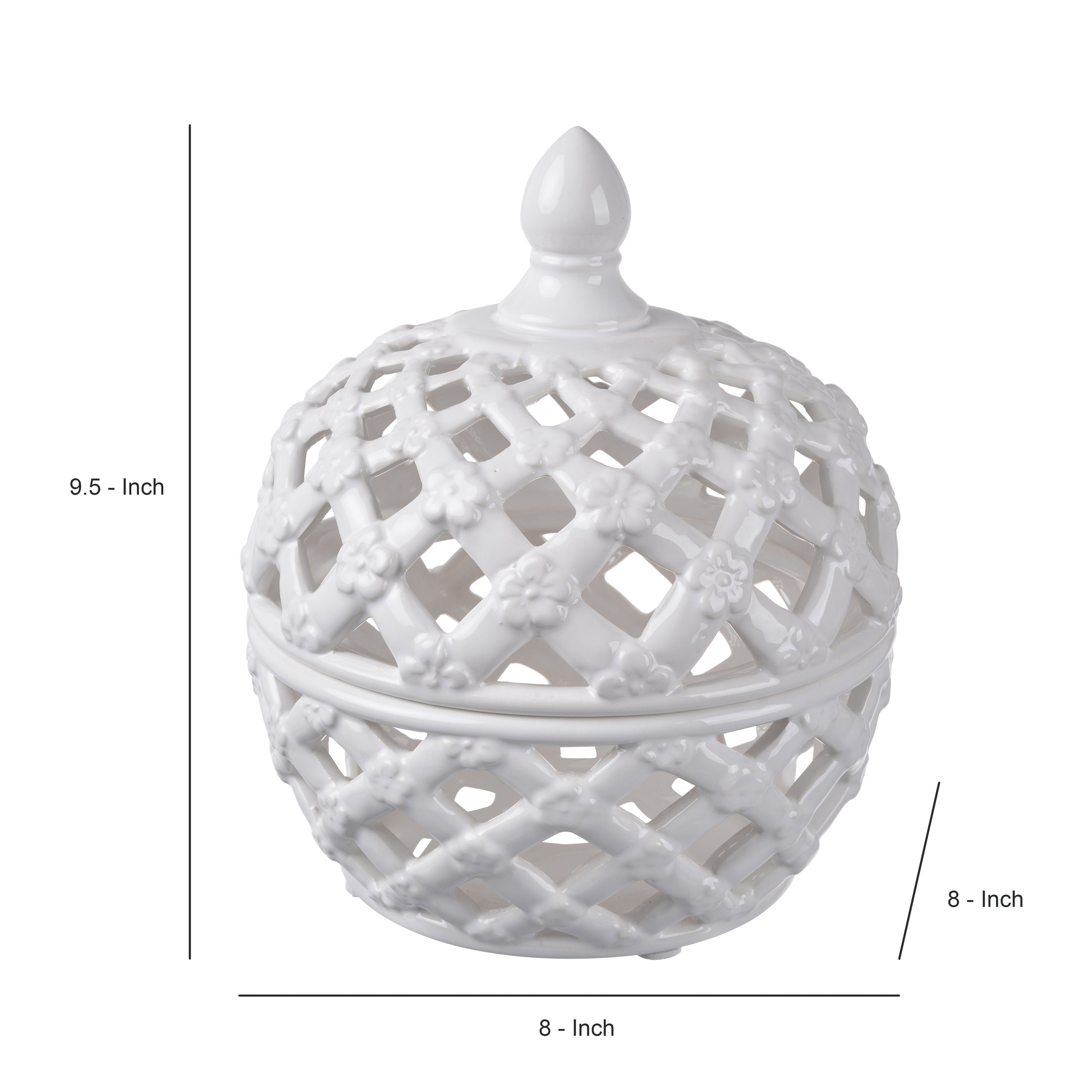Decorative Ceramic Lidded Jar With Flower Motif Exterior Small White-zoom-4