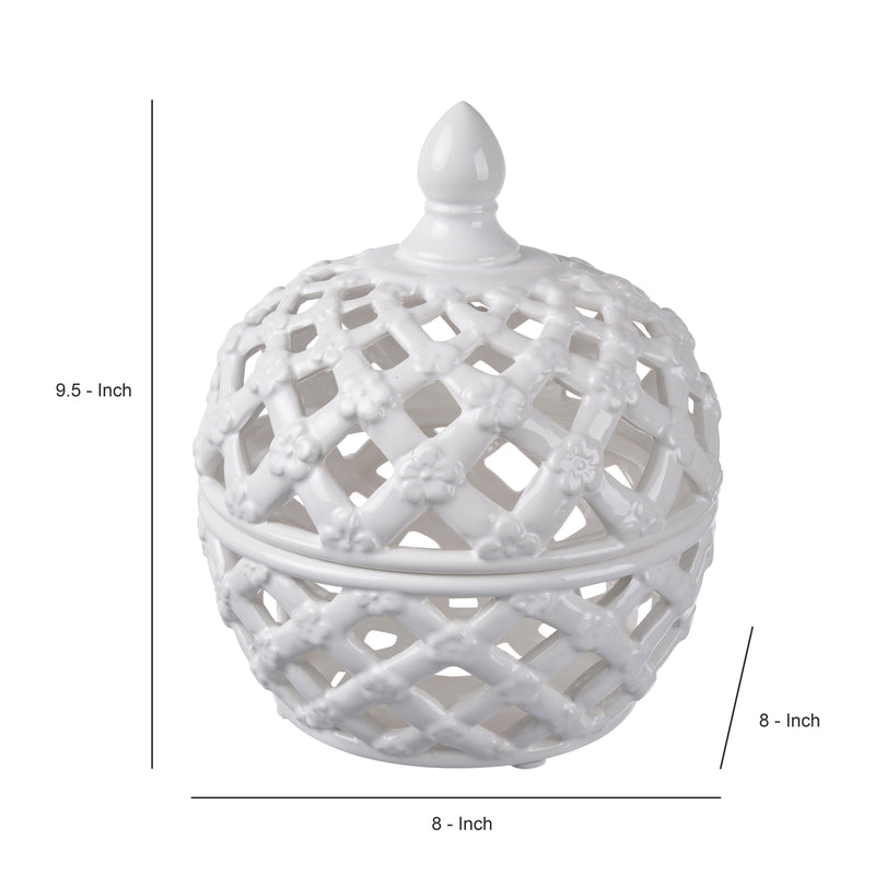 Decorative Ceramic Lidded Jar With Flower Motif Exterior Small White-zoom-