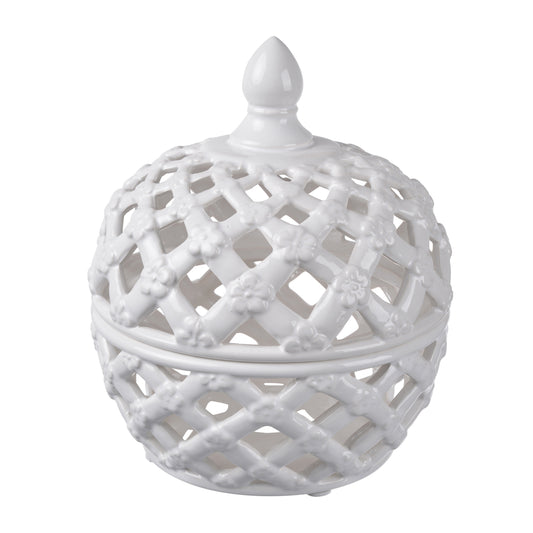 Decorative Ceramic Lidded Jar With Flower Motif Exterior Small White