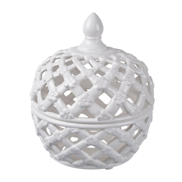 Decorative Ceramic Lidded Jar With Flower Motif Exterior Small White