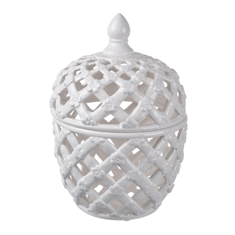 Decorative Ceramic Lidded Jar With Cut Out Texture Large White-zoom-