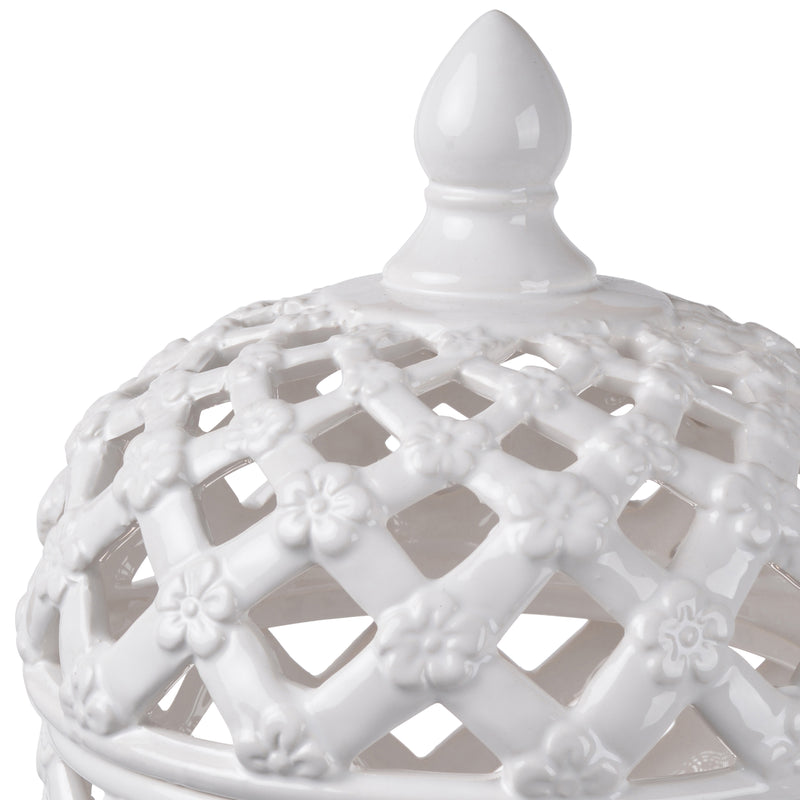 Decorative Ceramic Lidded Jar With Cut Out Texture Large White-zoom-