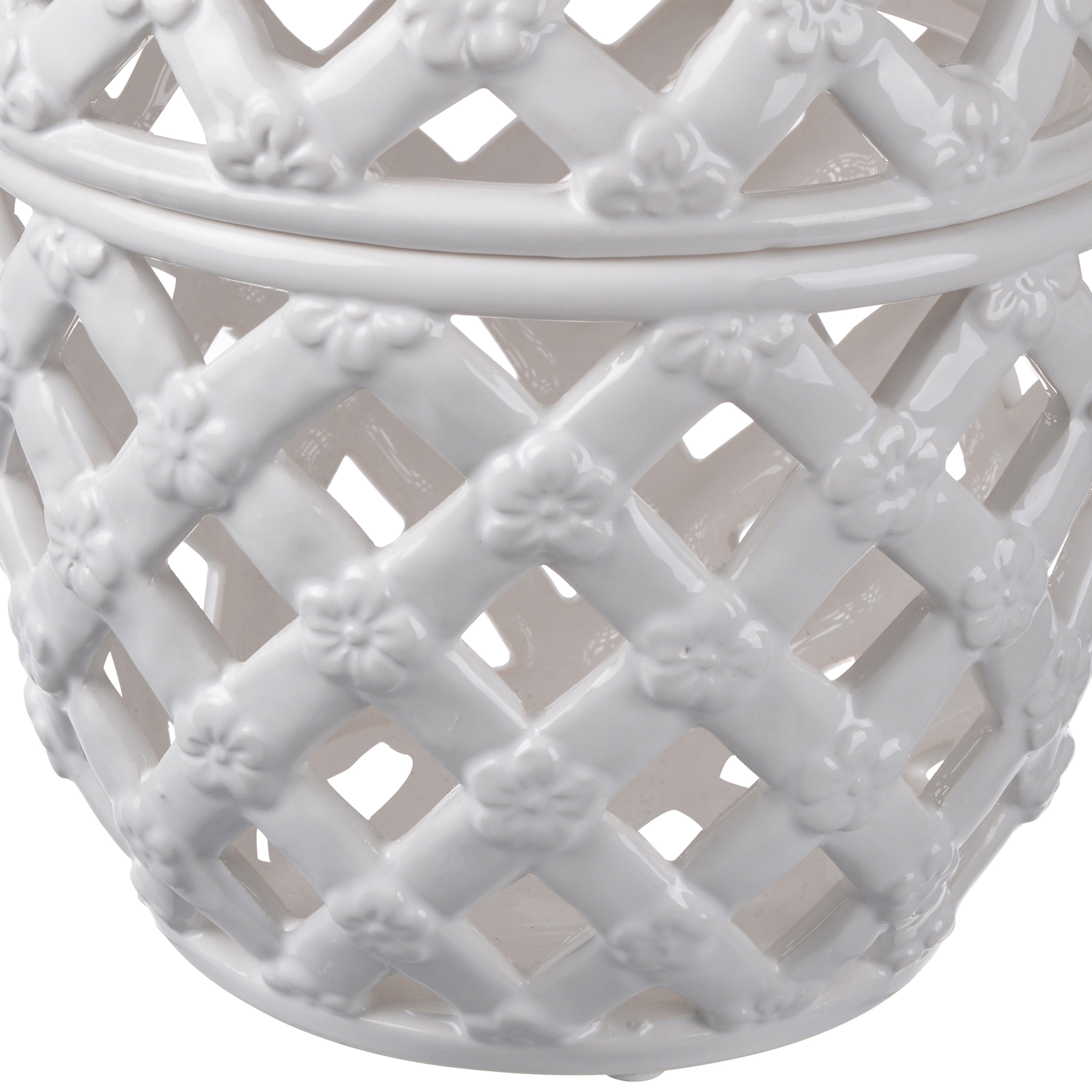 Decorative Ceramic Lidded Jar With Cut Out Texture Large White-zoom-3