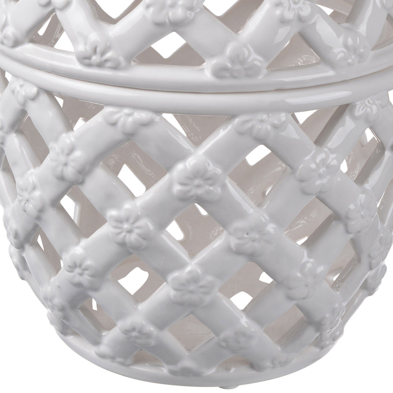 Decorative Ceramic Lidded Jar With Cut Out Texture Large White-zoom-