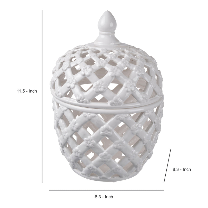 Decorative Ceramic Lidded Jar With Cut Out Texture Large White-zoom-