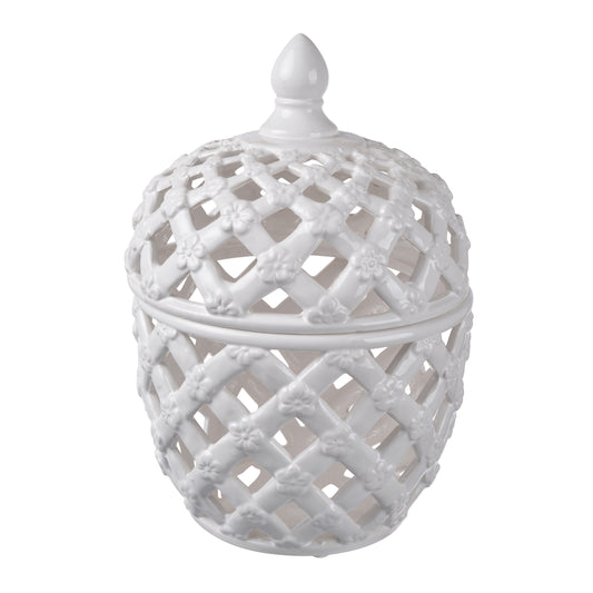 Decorative Ceramic Lidded Jar With Cut Out Texture Large White