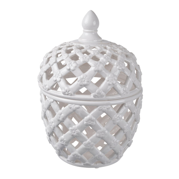 Decorative Ceramic Lidded Jar With Cut Out Texture Large White