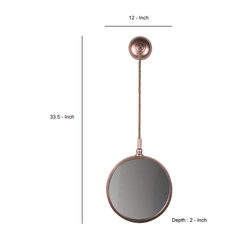 Metal Frame Round Wall Mirror With Attached Rope Hanging Small Copper-zoom-