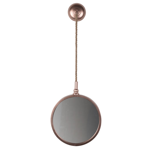 Metal Frame Round Wall Mirror With Attached Rope Hanging Small Copper