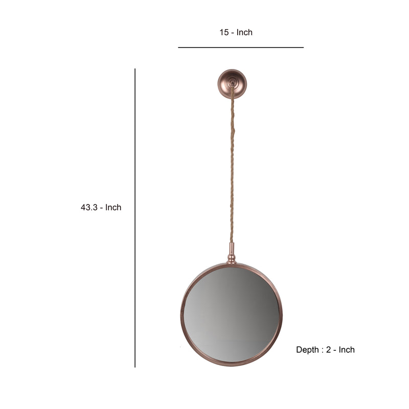 Metal Frame Round Wall Mirror With Attached Rope Hanging Medium Copper-zoom-