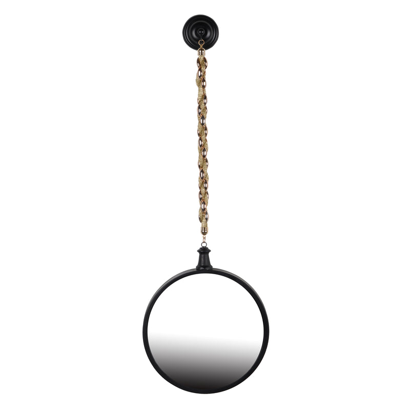 Round Metal Wall Mirror With Chain Hanger, Black And Gold-zoom-