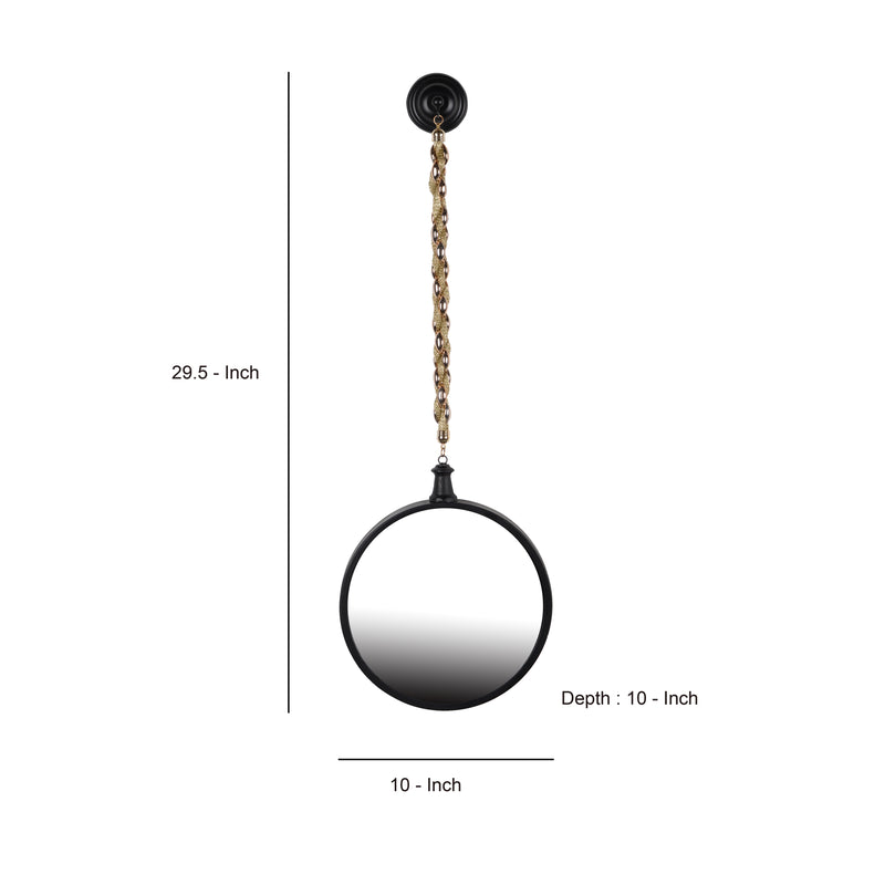 Round Metal Wall Mirror With Chain Hanger, Black And Gold-zoom-