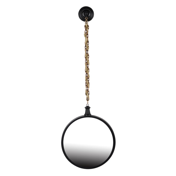 Round Metal Wall Mirror With Chain Hanger, Black And Gold