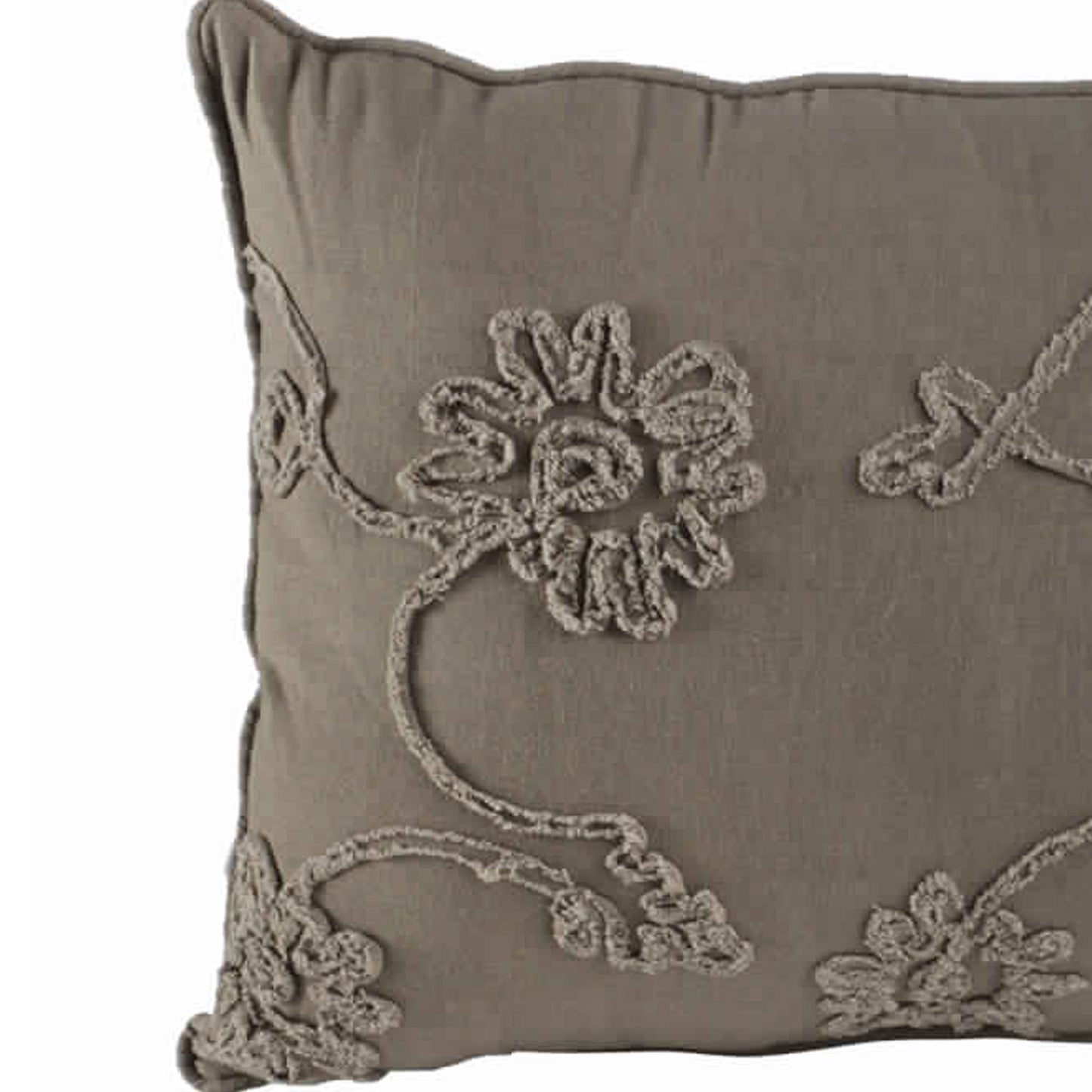 25 X 15.5 Inch Decorative Cotton Pillow With Floral Embroidery Gray