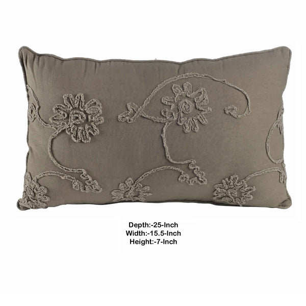 25 X 15.5 Inch Decorative Cotton Pillow With Floral Embroidery Gray