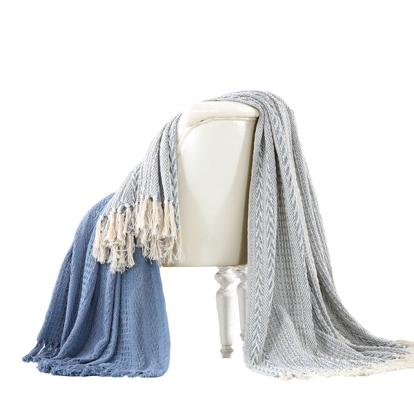 Latina Cotton Throw With Decorative Fringe Set Of 2 Blue