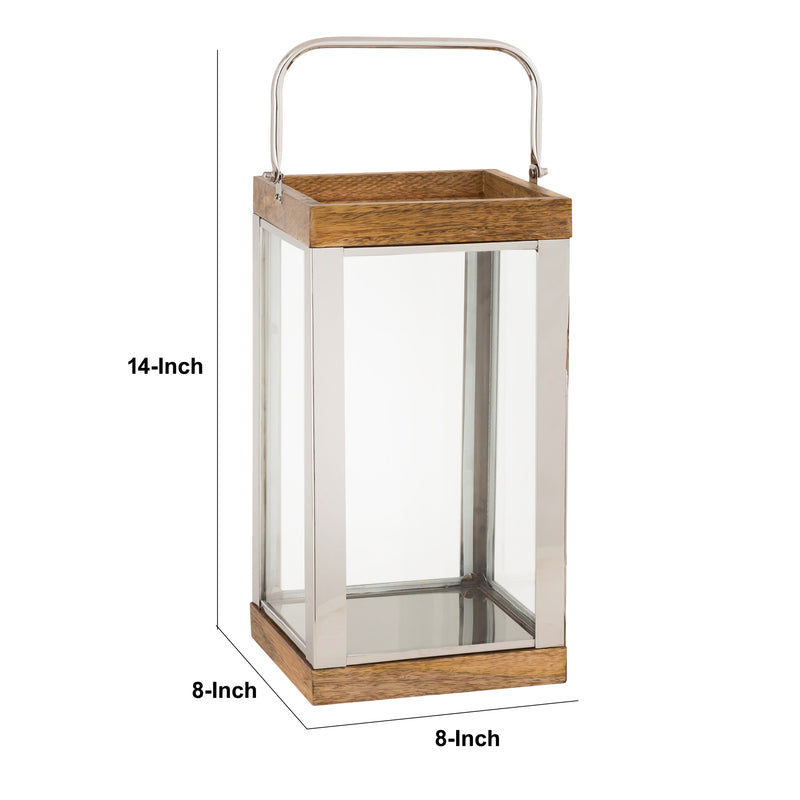 Wood And Metal Lantern With Glass Panel Inserts Large brown And Clear-zoom-