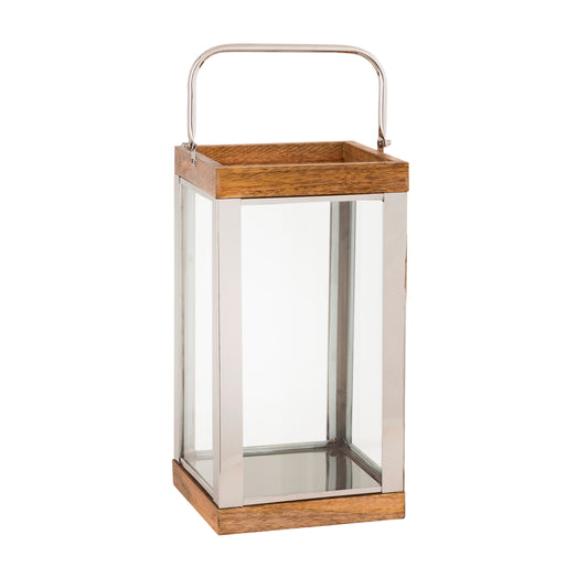 Wood And Metal Lantern With Glass Panel Inserts Large brown And Clear