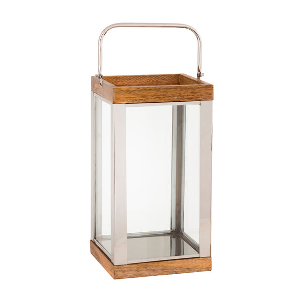 Wood And Metal Lantern With Glass Panel Inserts Large brown And Clear