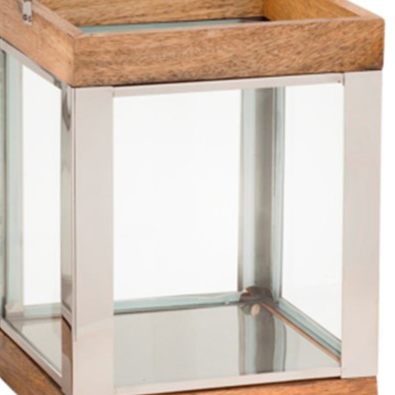 Wood And Metal Lantern With Glass Panel Inserts Small brown And Clear-zoom-