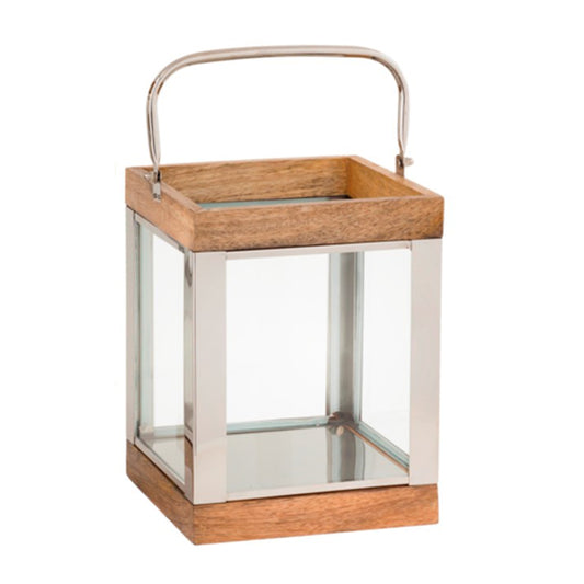 Wood And Metal Lantern With Glass Panel Inserts Small brown And Clear