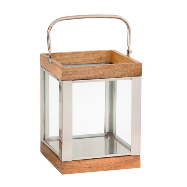 Wood And Metal Lantern With Glass Panel Inserts Small brown And Clear