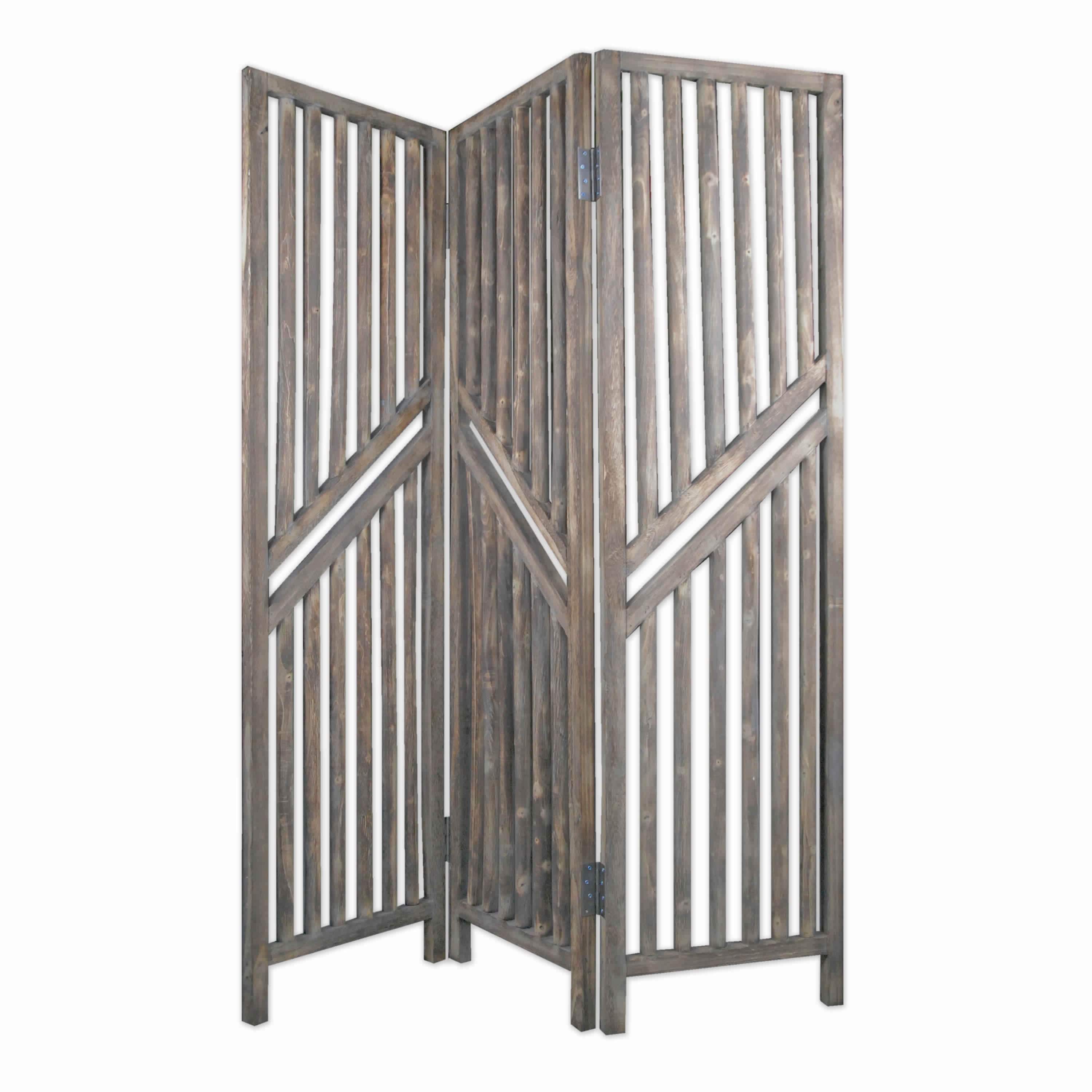 Traditional Slatted 3 Panel Wooden Room Divider, Weathered Brown-zoom-1