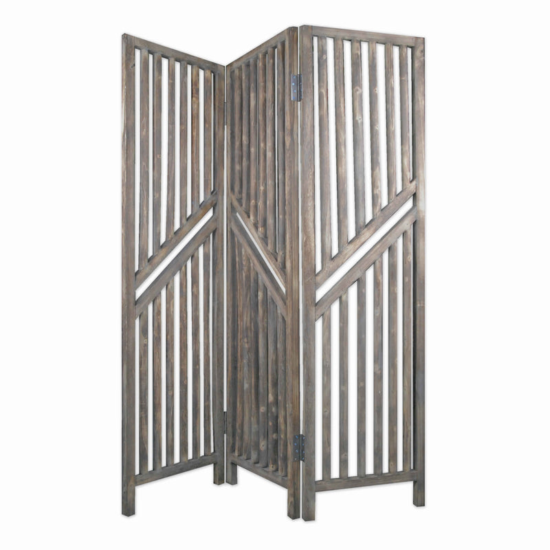 Traditional Slatted 3 Panel Wooden Room Divider, Weathered Brown-zoom-