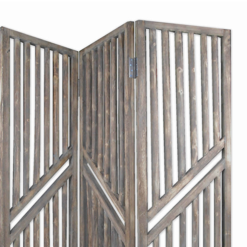 Traditional Slatted 3 Panel Wooden Room Divider, Weathered Brown-zoom-
