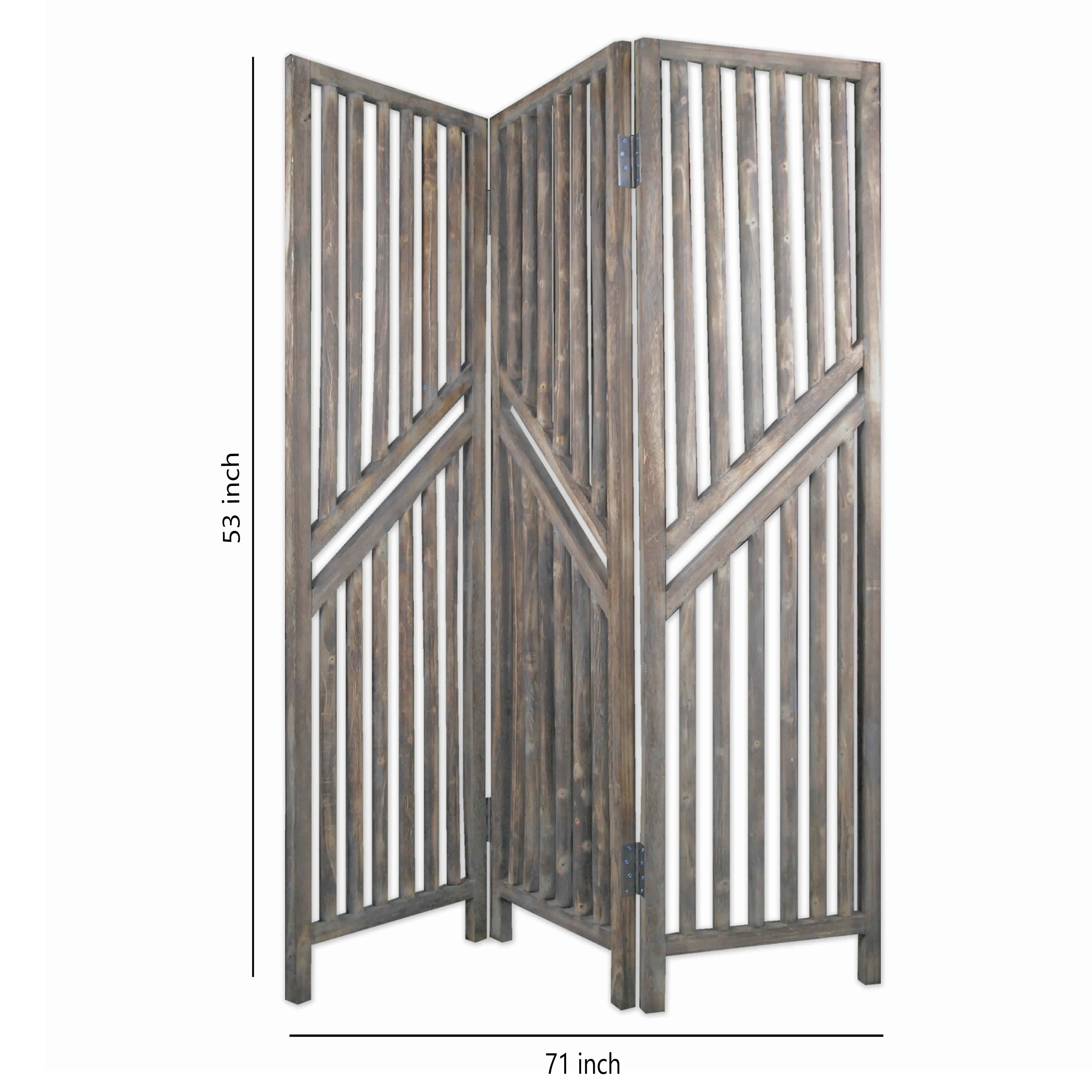 Traditional Slatted 3 Panel Wooden Room Divider, Weathered Brown-zoom-5
