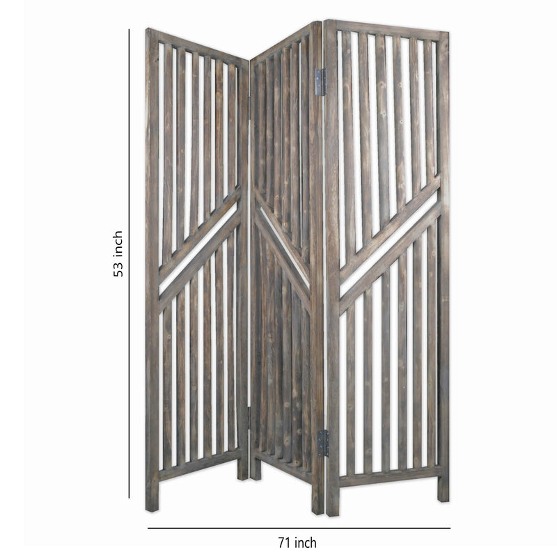 Traditional Slatted 3 Panel Wooden Room Divider, Weathered Brown-zoom-
