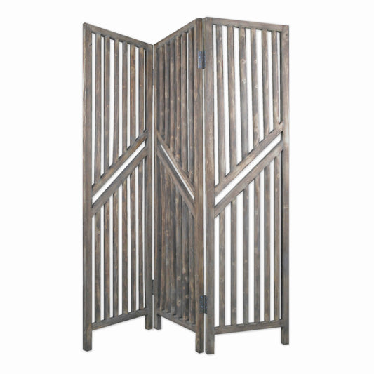 Traditional Slatted 3 Panel Wooden Room Divider, Weathered Brown