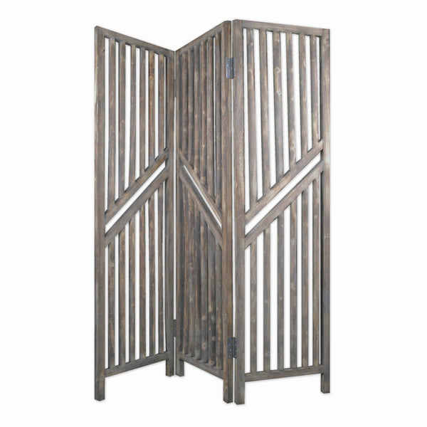 Traditional Slatted 3 Panel Wooden Room Divider, Weathered Brown