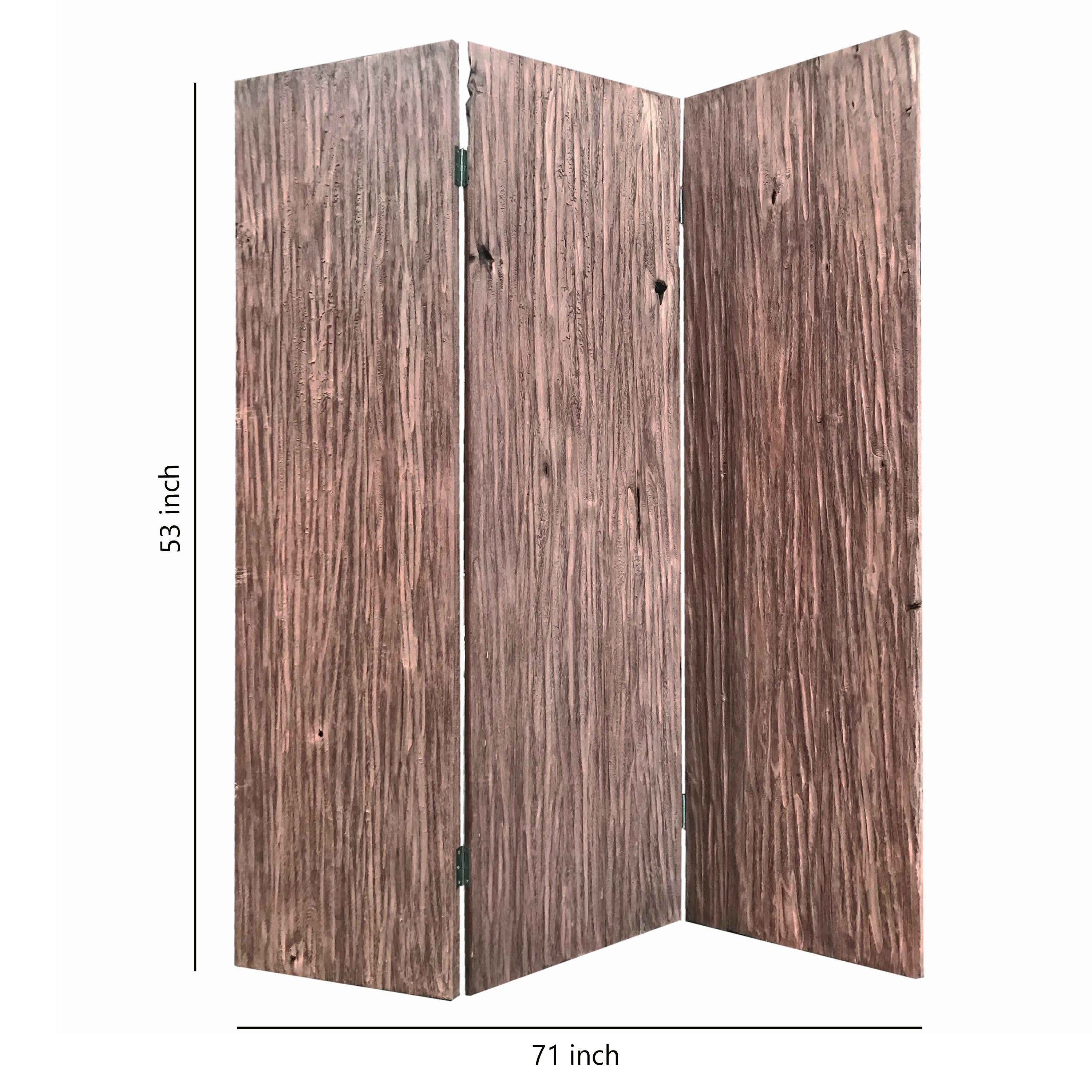 Textured and Bark Designed Wooden 3 Panel Room Divider , Natural Brown-zoom-5