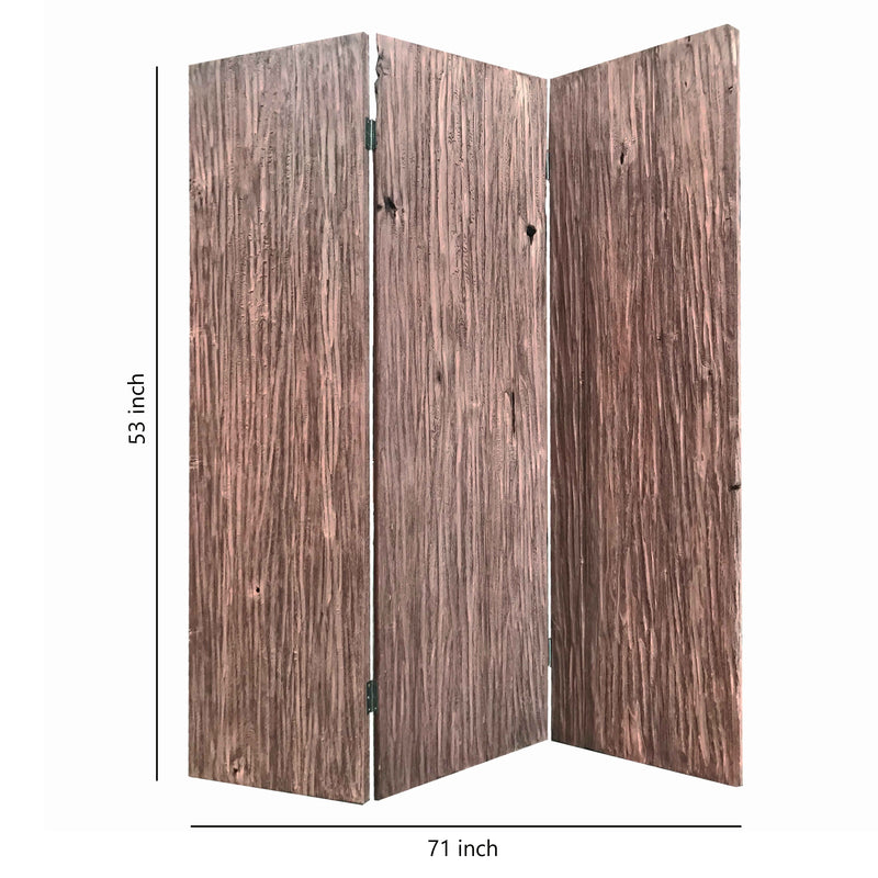 Textured and Bark Designed Wooden 3 Panel Room Divider , Natural Brown-zoom-