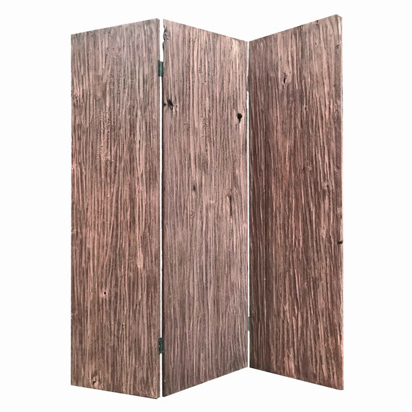 Textured and Bark Designed Wooden 3 Panel Room Divider , Natural Brown