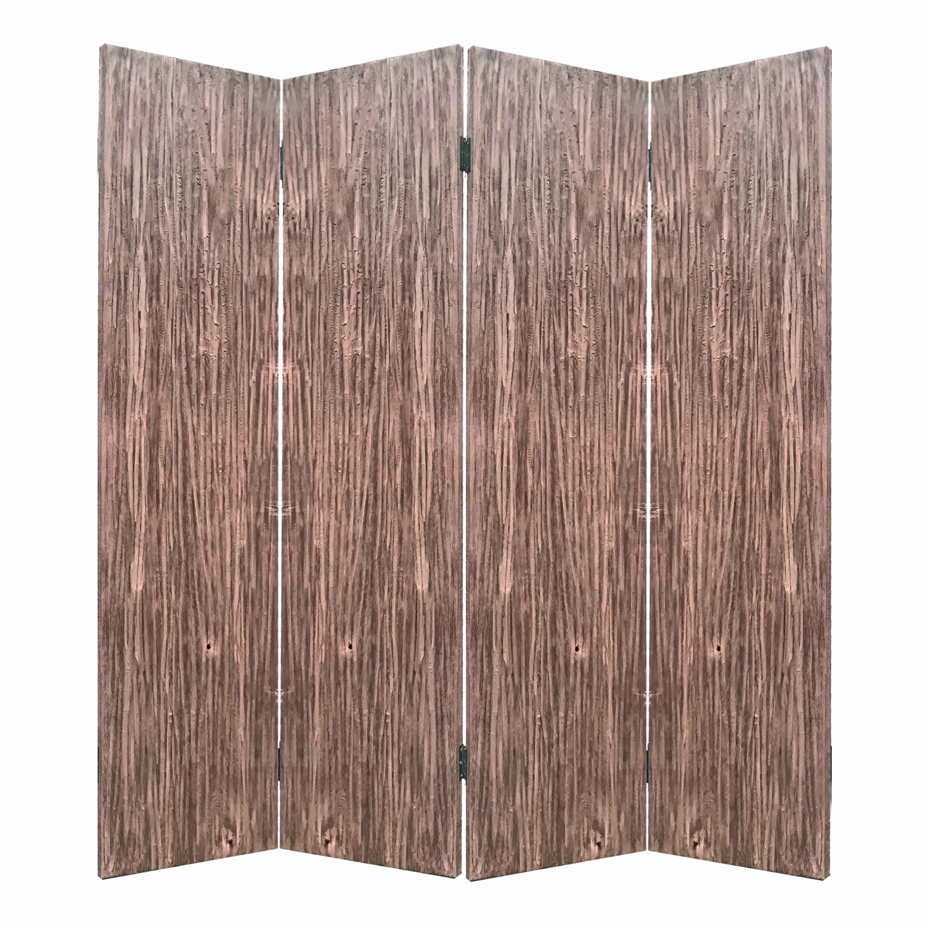 Textured and Bark Designed Wooden 4 Panel Room Divider , Natural Brown