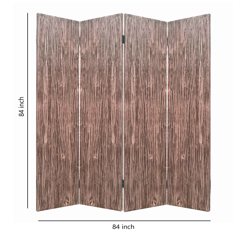 Textured and Bark Designed Wooden 4 Panel Room Divider , Natural Brown-zoom-