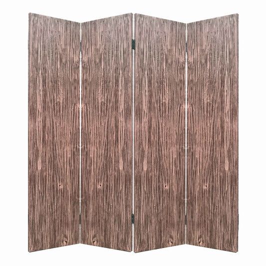Textured and Bark Designed Wooden 4 Panel Room Divider , Natural Brown
