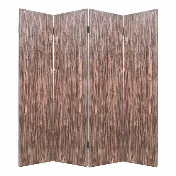 Textured and Bark Designed Wooden 4 Panel Room Divider , Natural Brown