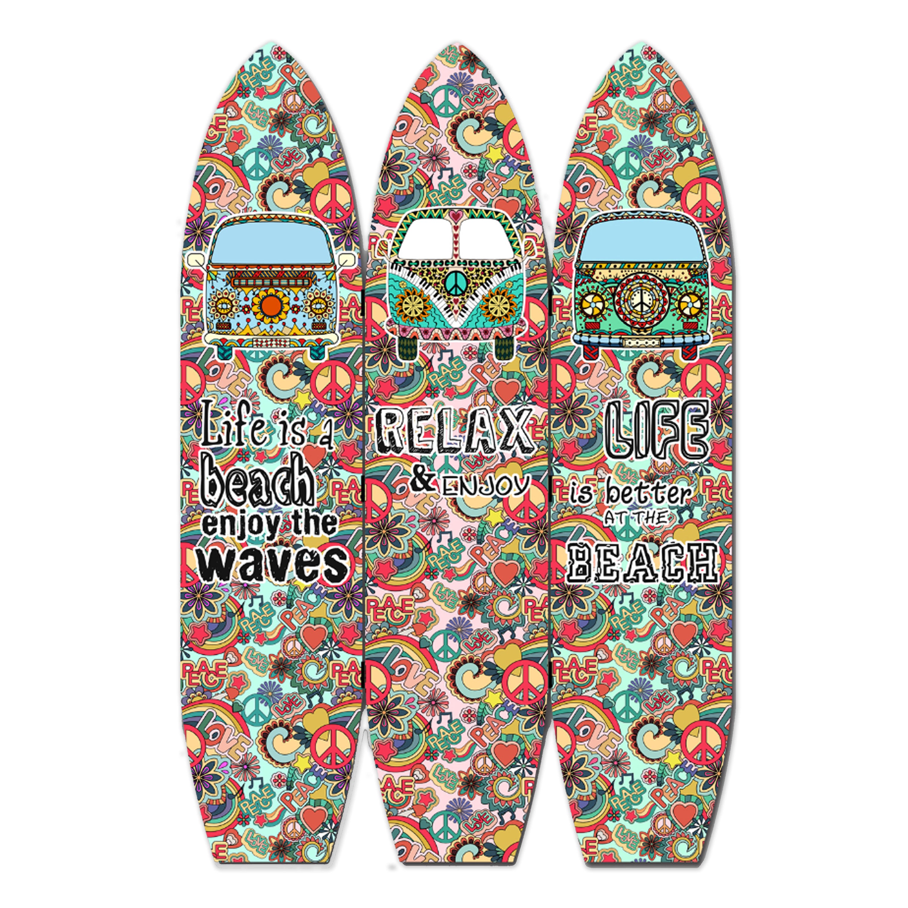 Beach Themed Surfboard Shaped 3 Panel Room Divider, Multicolor-zoom-1