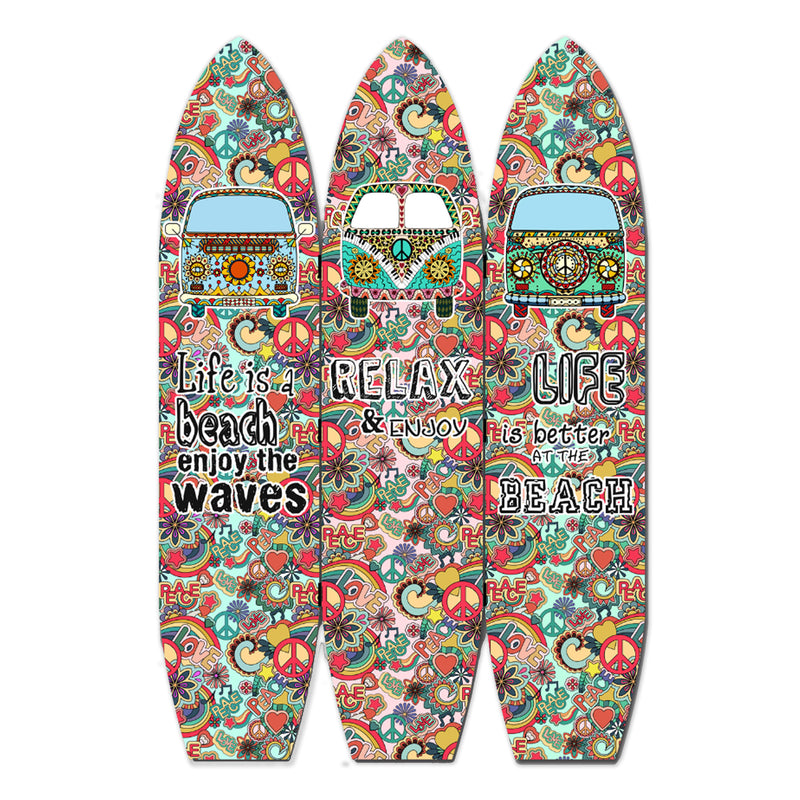 Beach Themed Surfboard Shaped 3 Panel Room Divider, Multicolor-zoom-