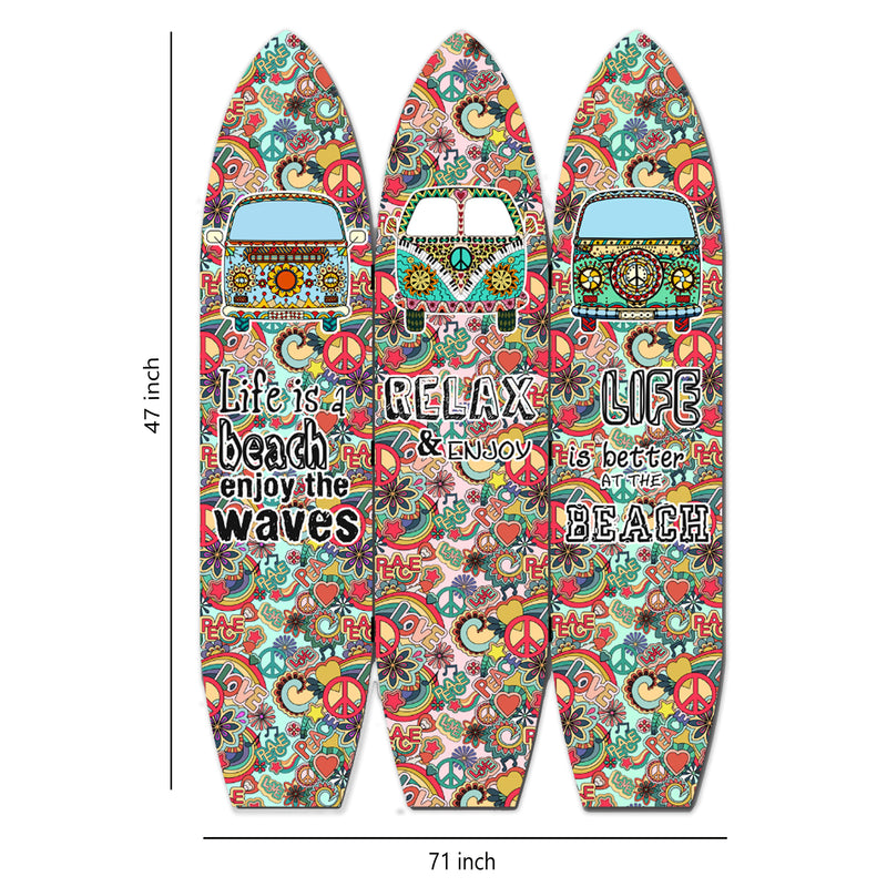Beach Themed Surfboard Shaped 3 Panel Room Divider, Multicolor-zoom-