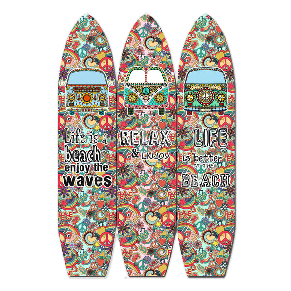 Beach Themed Surfboard Shaped 3 Panel Room Divider, Multicolor