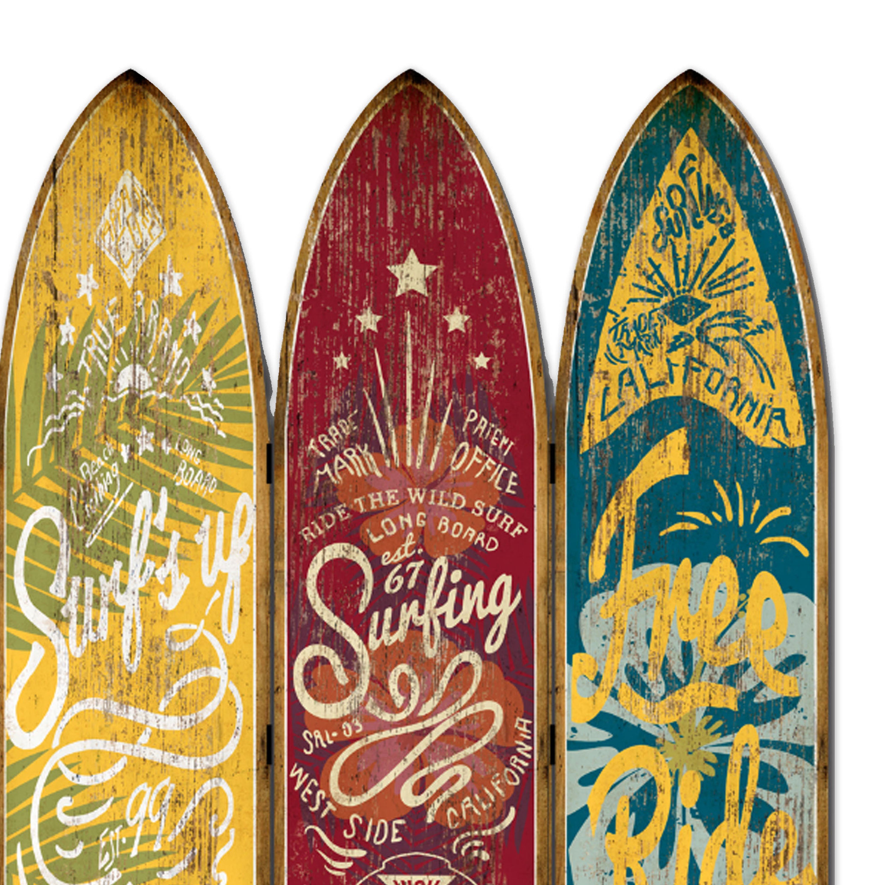 Beach Themed Surfboard Shaped 3 Panel Wooden Room Divider, Multicolor-zoom-2