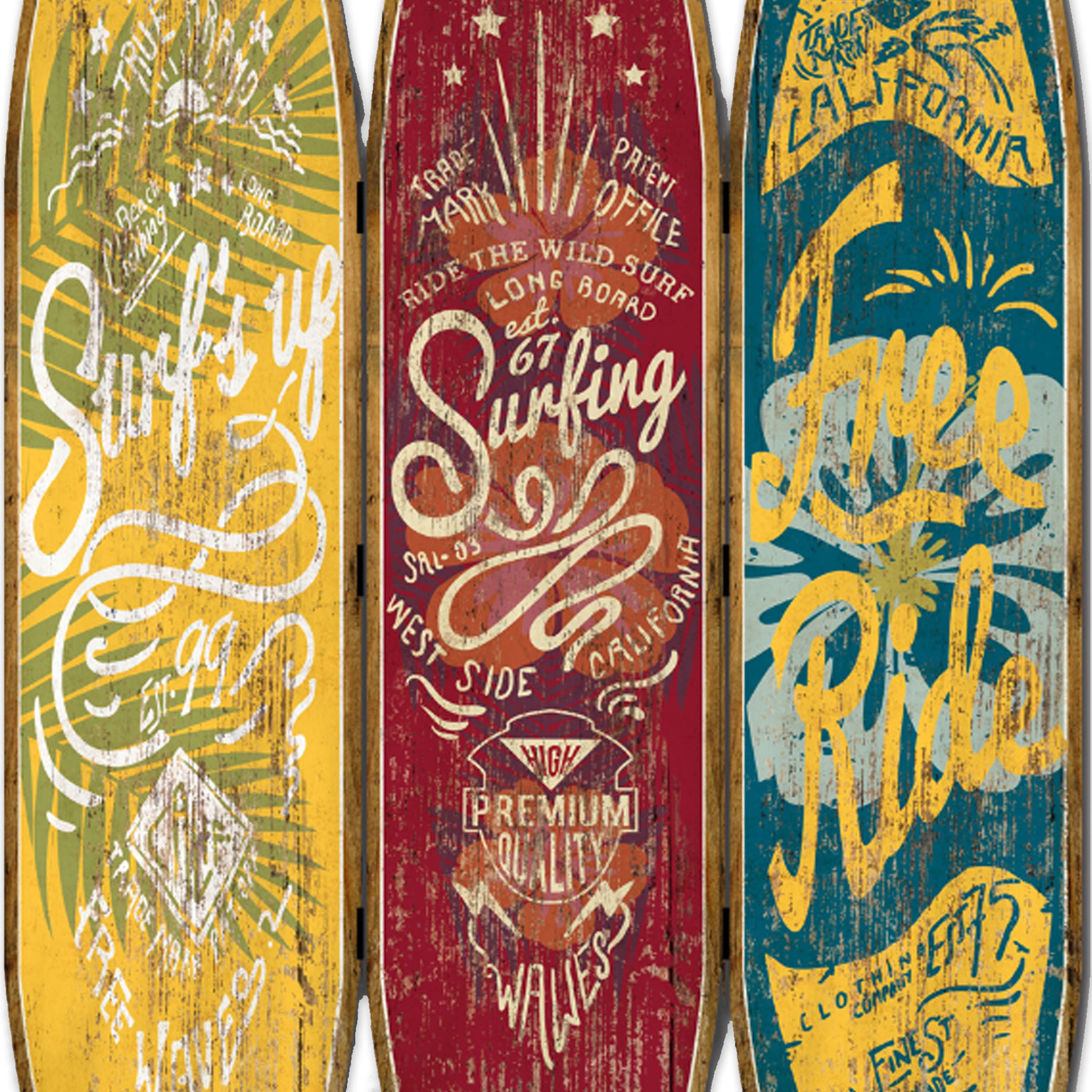 Beach Themed Surfboard Shaped 3 Panel Wooden Room Divider, Multicolor-zoom-3