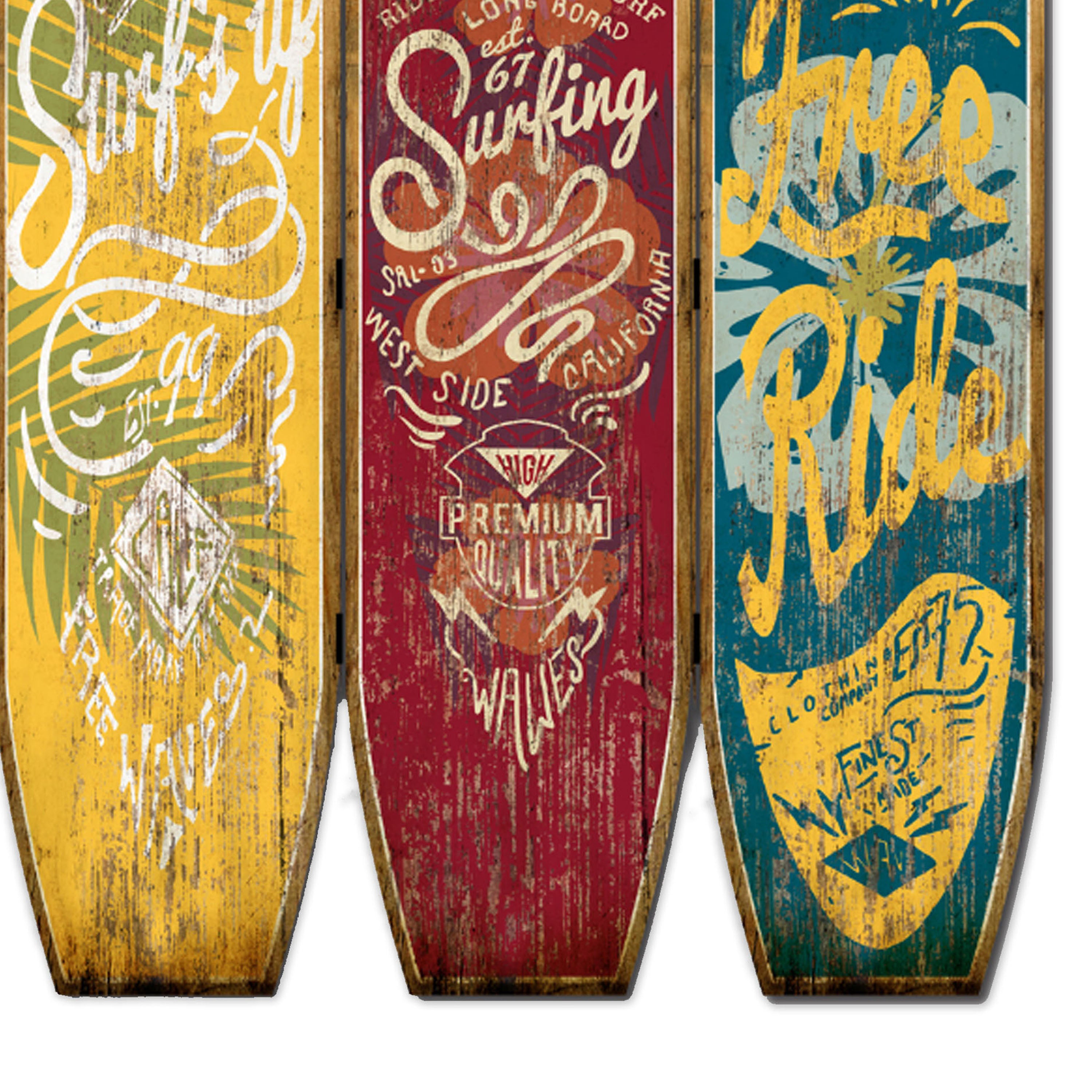 Beach Themed Surfboard Shaped 3 Panel Wooden Room Divider, Multicolor-zoom-4
