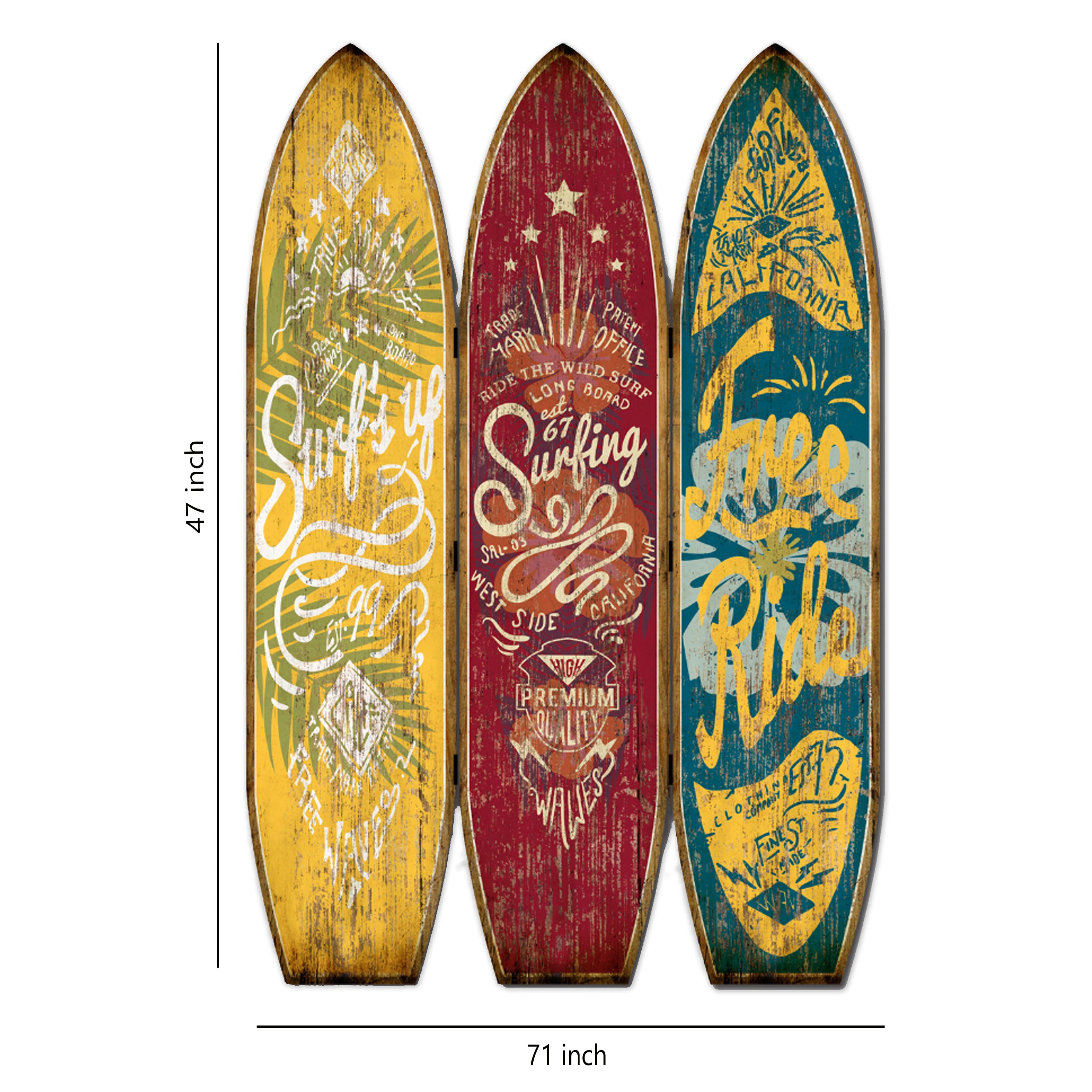 Beach Themed Surfboard Shaped 3 Panel Wooden Room Divider, Multicolor-zoom-5