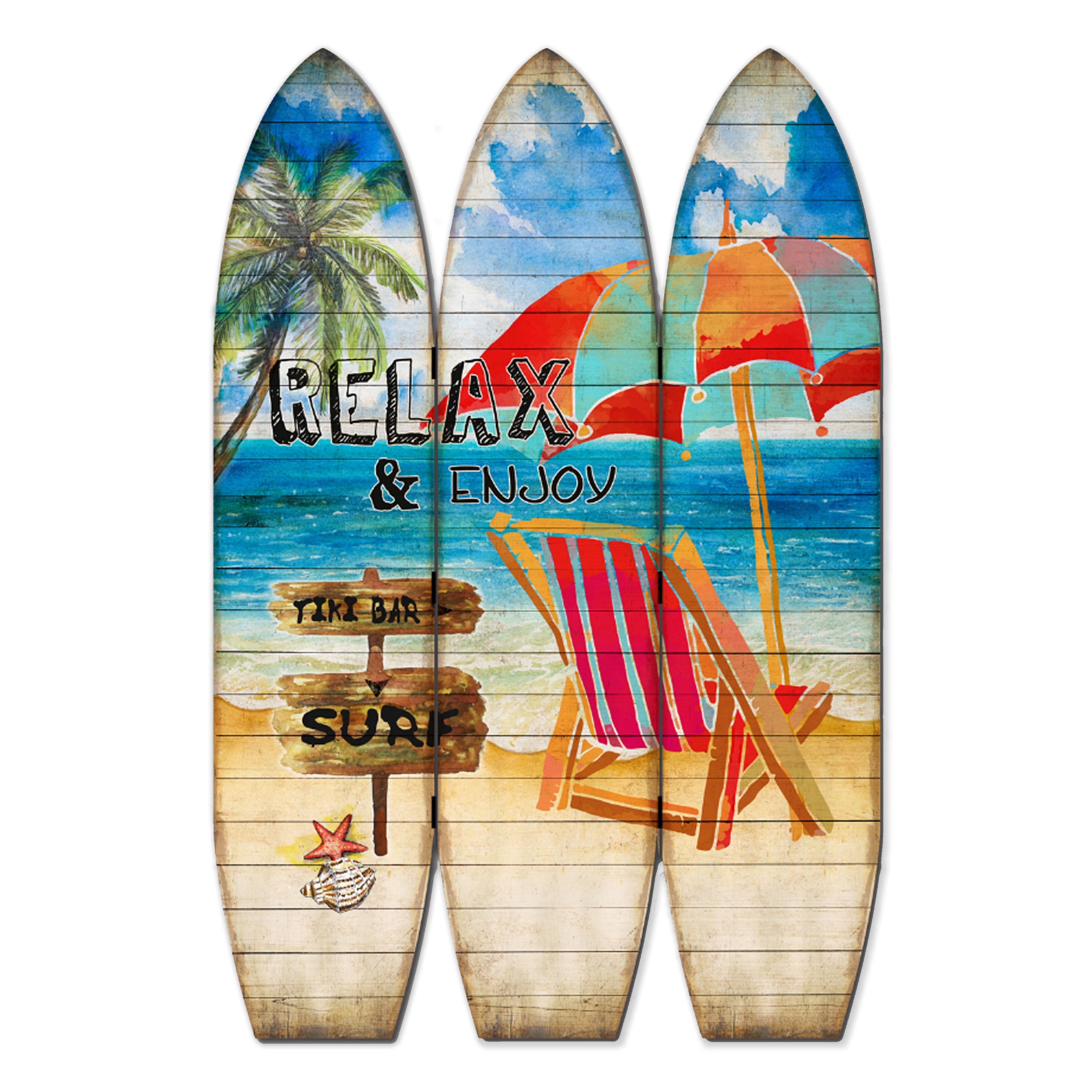 Lounge and Umbrella Print Surfboard Shaped 3 Panel Room Divider, Multicolor-zoom-1