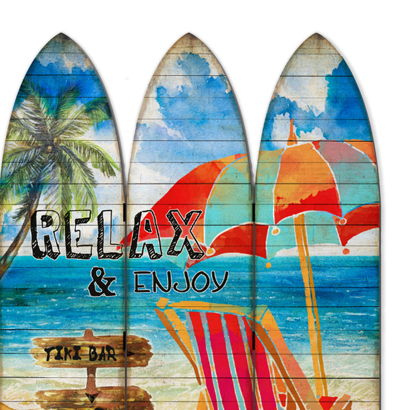 Lounge and Umbrella Print Surfboard Shaped 3 Panel Room Divider, Multicolor-zoom-